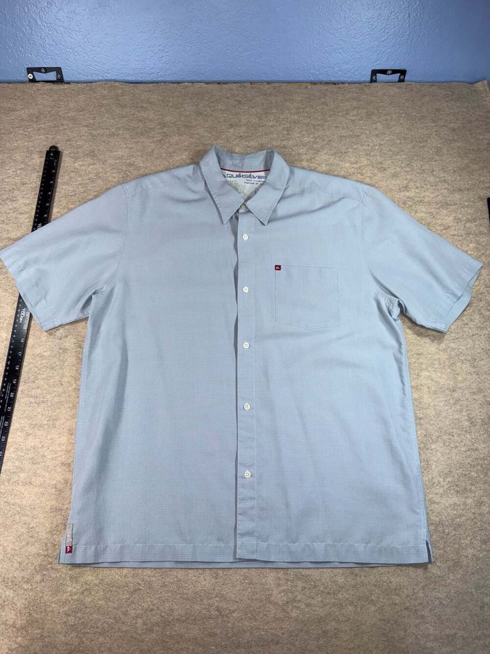 Quiksilver Mens Large Blue Micro Check Short Sleeve Button Down Shirt Surf Y2K